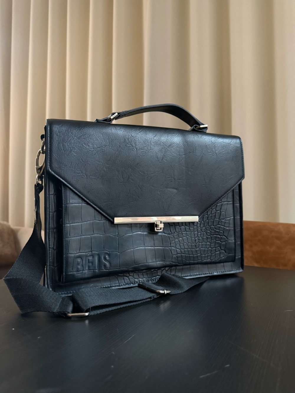 Beis Black Croc-Embossed Structured Satchel
